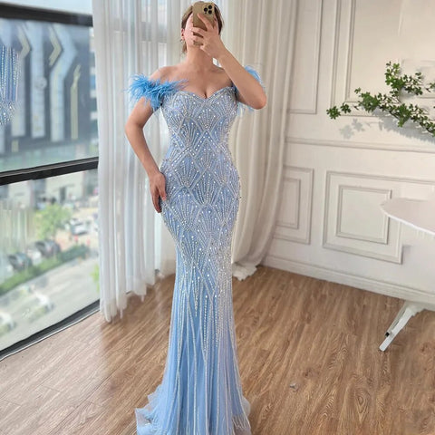 Blue Mermaid Elegant Off Shoulder Feather Beaded Evening Dresses Gowns Long 2025 For Women Party LA72028