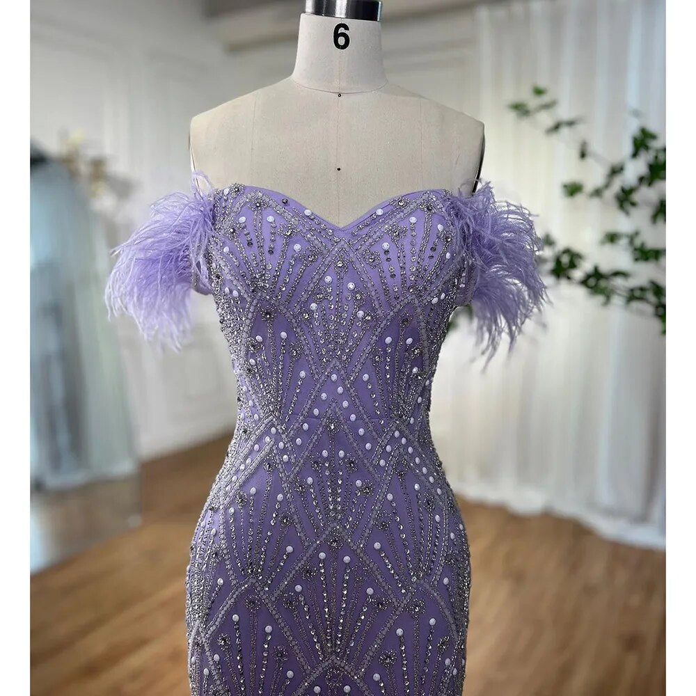 Blue Mermaid Elegant Off Shoulder Feather Beaded Evening Dresses Gowns Long 2025 For Women Party LA72028