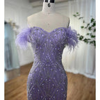 Blue Mermaid Elegant Off Shoulder Feather Beaded Evening Dresses Gowns Long 2025 For Women Party LA72028