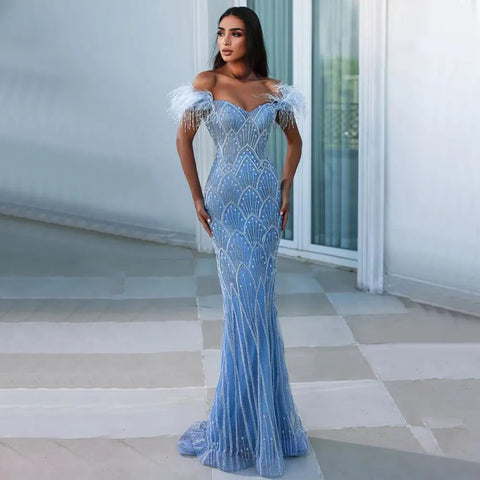 Blue Mermaid Elegant Off Shoulder Feather Beaded Evening Dresses Gowns Long 2025 For Women Party LA72028