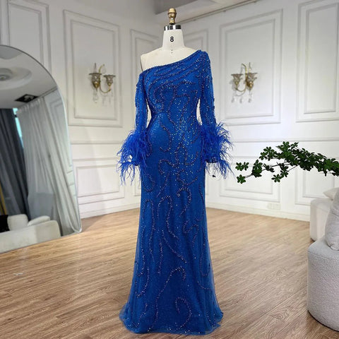 Blue Mermaid Elegant One-Shoulder Beaded Feathers Luxury Evening Dress Gown for Women's Wedding Party 2025 LA72395