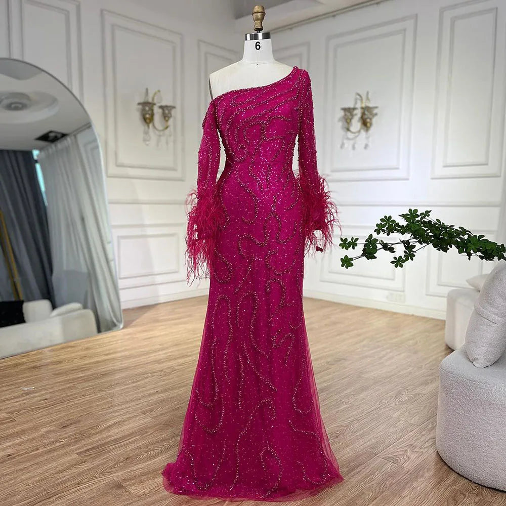 Blue Mermaid Elegant One-Shoulder Beaded Feathers Luxury Evening Dress Gown for Women's Wedding Party 2025 LA72395