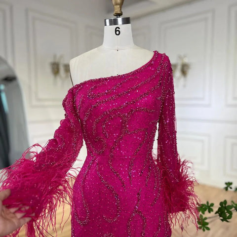 Blue Mermaid Elegant One-Shoulder Beaded Feathers Luxury Evening Dress Gown for Women's Wedding Party 2025 LA72395