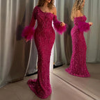Blue Mermaid Elegant One-Shoulder Beaded Feathers Luxury Evening Dress Gown for Women's Wedding Party 2025 LA72395