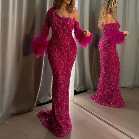 Blue Mermaid Elegant One-Shoulder Beaded Feathers Luxury Evening Dress Gown for Women's Wedding Party 2025 LA72395