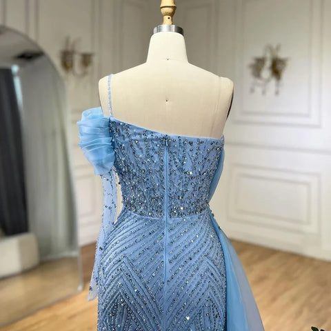 Blue Mermaid Elegant One Shoulder Evening Dresses Gowns Luxury Pearls Beaded For Women Wedding Party 2025 LA72244