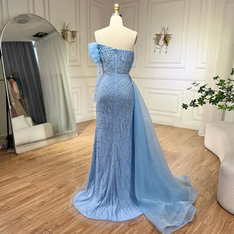 Blue Mermaid Elegant One Shoulder Evening Dresses Gowns Luxury Pearls Beaded For Women Wedding Party 2025 LA72244
