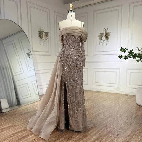 Blue Mermaid Elegant One Shoulder Evening Dresses Gowns Luxury Pearls Beaded For Women Wedding Party 2025 LA72244