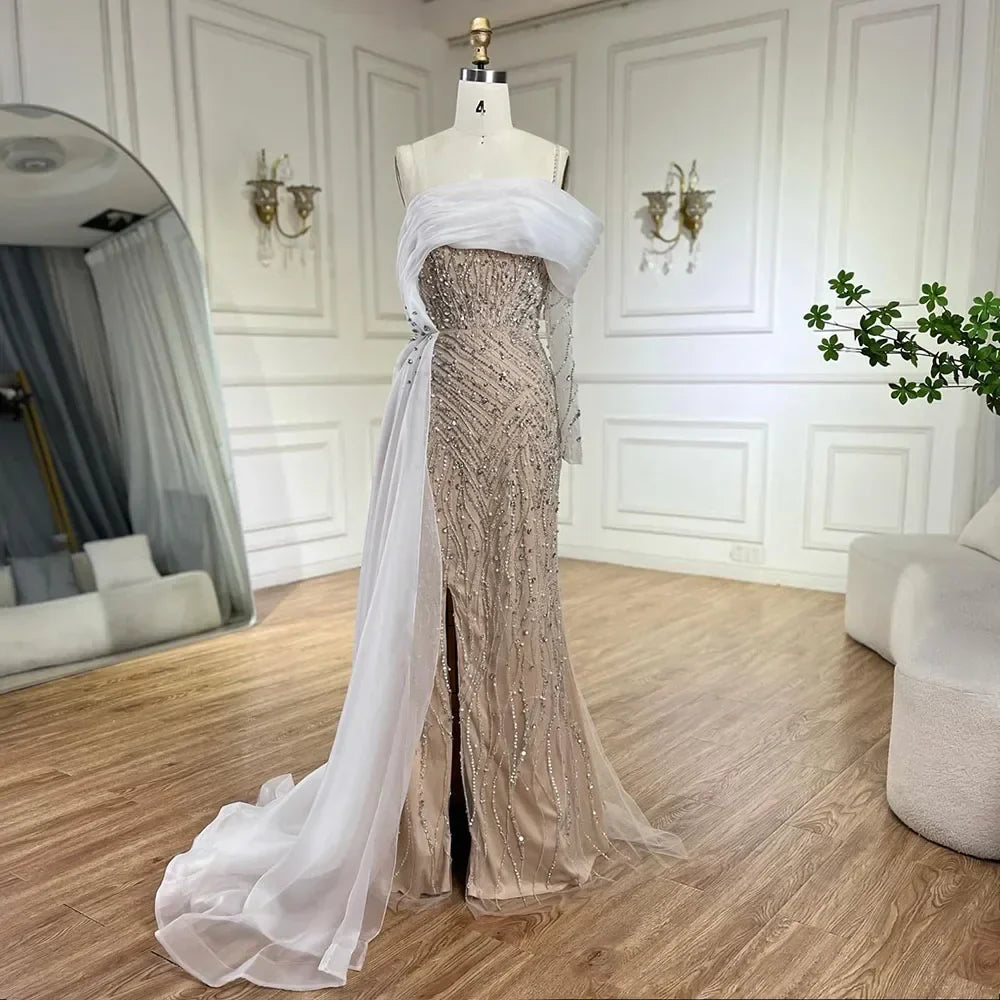 Blue Mermaid Elegant One Shoulder Evening Dresses Gowns Luxury Pearls Beaded For Women Wedding Party 2025 LA72244