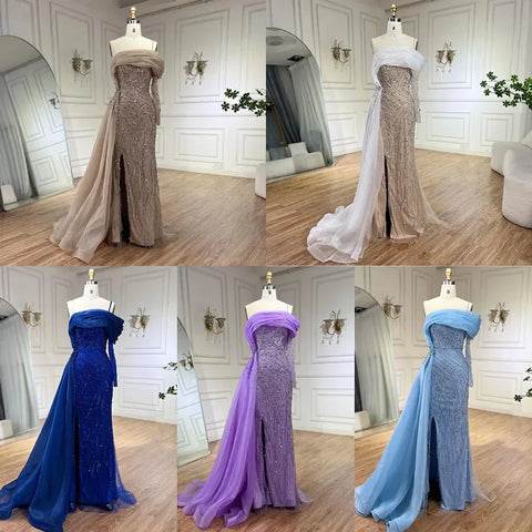 Blue Mermaid Elegant One Shoulder Evening Dresses Gowns Luxury Pearls Beaded For Women Wedding Party 2025 LA72244