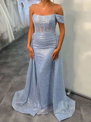 Blue Mermaid Elegant Sexy Off Shoulder Overskirt  Evening Dresses Gowns Beaded 2025 For Women Party LA71729