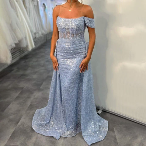 Blue Mermaid Elegant Sexy Off Shoulder Overskirt  Evening Dresses Gowns Beaded 2025 For Women Party LA71729