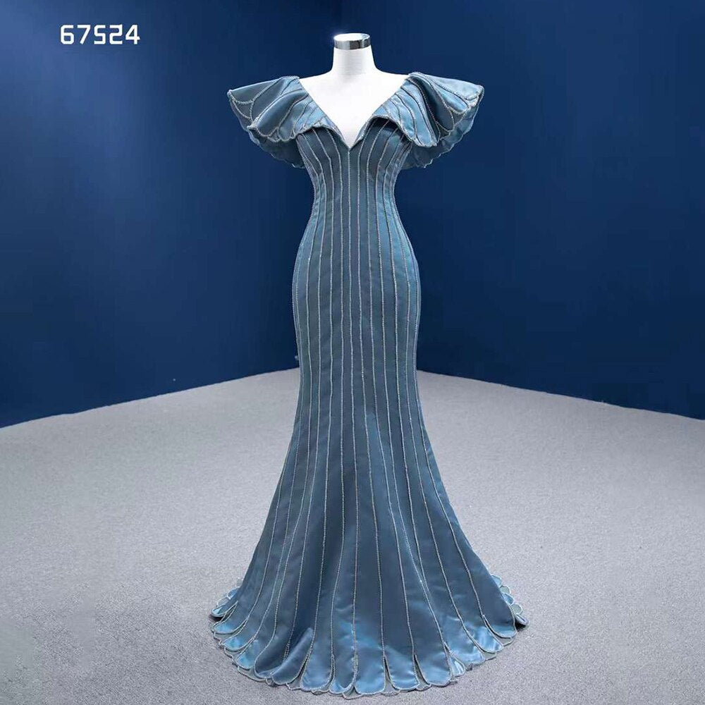 Blue Mermaid Elegant V Neck Luxury Beaded Evening Dresses Gowns For Women Party 2025 High End Custom Made HM67524