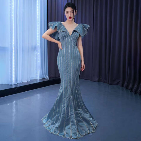 Blue Mermaid Elegant V Neck Luxury Beaded Evening Dresses Gowns For Women Party 2025 High End Custom Made HM67524