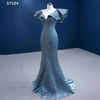 Blue Mermaid Elegant V Neck Luxury Beaded Evening Dresses Gowns For Women Party 2025 High End Custom Made HM67524