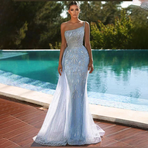 Blue Mermaid Elegant With Overskirt Sexy One Shoulder Luxury Beaded Evening Dresses Gowns 2025 Women Party LA71730