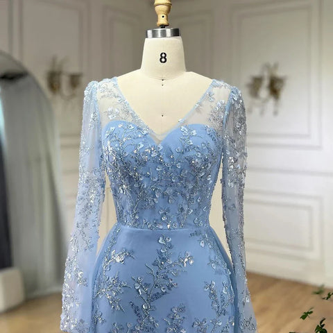Blue Mermaid Elegant With Train Beaded Luxury Arabic Evening Dresses Gowns For Women Wedding Party 2025 LA71851