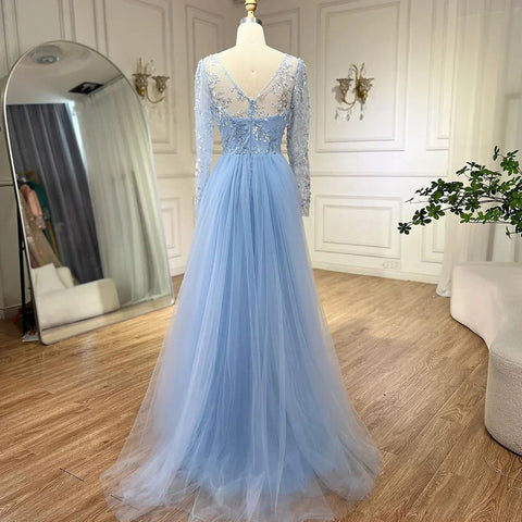 Blue Mermaid Elegant With Train Beaded Luxury Arabic Evening Dresses Gowns For Women Wedding Party 2025 LA71851