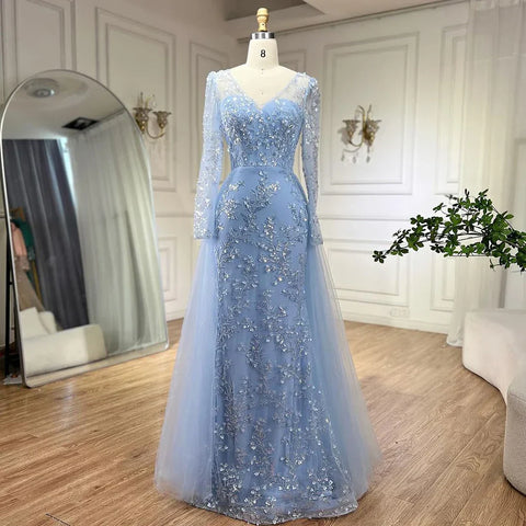 Blue Mermaid Elegant With Train Beaded Luxury Arabic Evening Dresses Gowns For Women Wedding Party 2025 LA71851