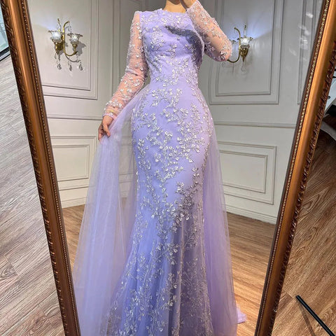 Blue Mermaid Elegant With Train Beaded Luxury Arabic Evening Dresses Gowns For Women Wedding Party 2025 LA71851