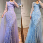 Blue Mermaid Elegant With Train Beaded Luxury Arabic Evening Dresses Gowns For Women Wedding Party 2025 LA71851