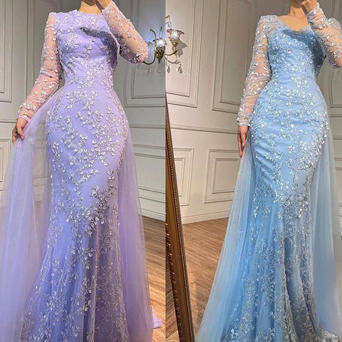 Blue Mermaid Elegant With Train Beaded Luxury Arabic Evening Dresses Gowns For Women Wedding Party 2025 LA71851
