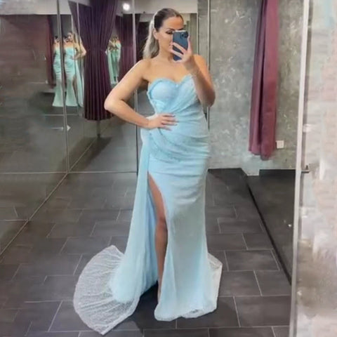 Blue Mermaid High Split Evening Dresses Gowns 2025 Luxury Elegant Overskirt For Women Party LA71660