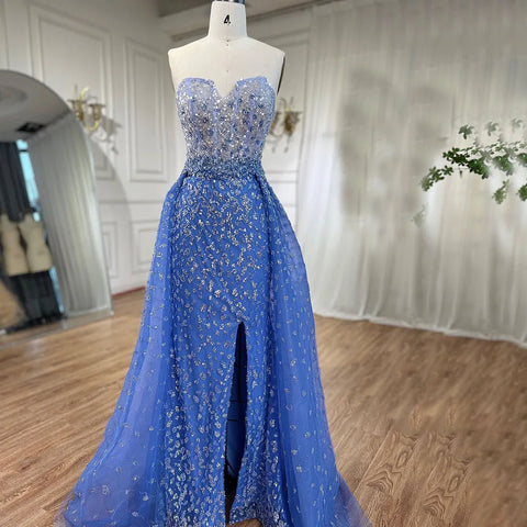 Blue Mermaid High Split With Skirt Sweetheart Strapless Beaded Party Dresses Formal Women Evening 2025 LA71796