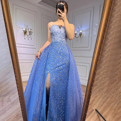 Blue Mermaid High Split With Skirt Sweetheart Strapless Beaded Party Dresses Formal Women Evening 2025 LA71796