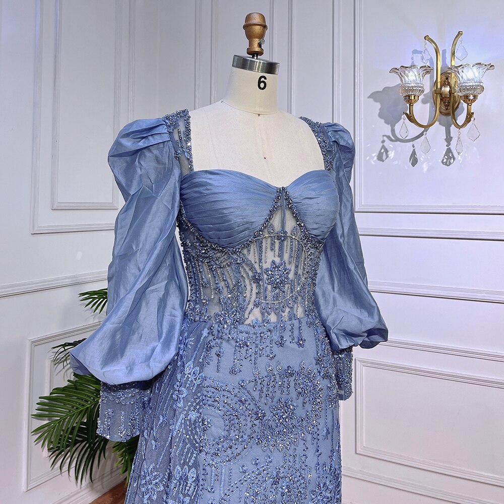 Blue Mermaid Lace Beaded Formal Evening Dresses With Balloon Sleeves For Woman Wedding  Party Gowns LA72034