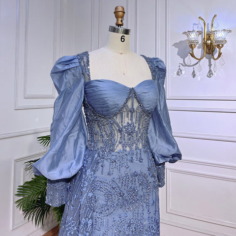 Blue Mermaid Lace Beaded Formal Evening Dresses With Balloon Sleeves For Woman Wedding  Party Gowns LA72034