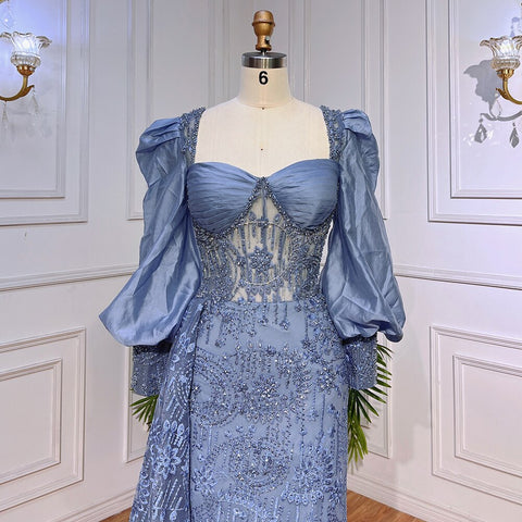 Blue Mermaid Lace Beaded Formal Evening Dresses With Balloon Sleeves For Woman Wedding  Party Gowns LA72034