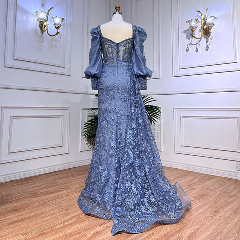Blue Mermaid Lace Beaded Formal Evening Dresses With Balloon Sleeves For Woman Wedding  Party Gowns LA72034