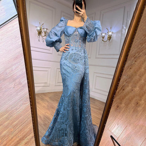 Blue Mermaid Lace Beaded Formal Evening Dresses With Balloon Sleeves For Woman Wedding  Party Gowns LA72034
