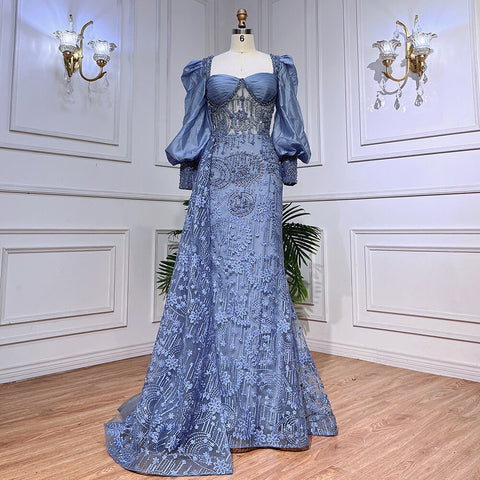 Blue Mermaid Lace Beaded Formal Evening Dresses With Balloon Sleeves For Woman Wedding  Party Gowns LA72034