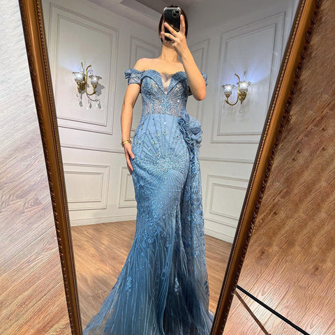 Blue Mermaid Lace Beaded Formal Occasion Evening Dresses With Overskirt Or Woman Wedding  Party Gowns LA72042