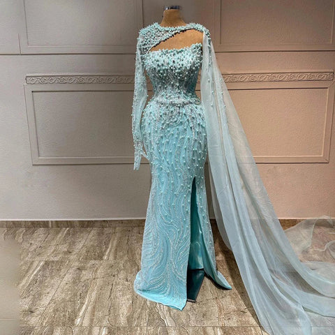 Blue Mermaid Long Cloak High Split Beaded Pearls Luxury Evening Dresses Gowns For Women Wedding Party 2025 LA72268
