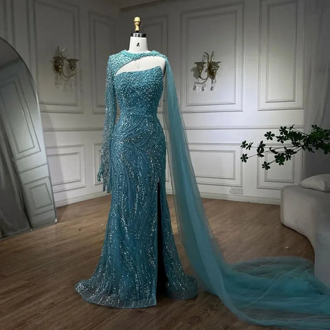 Blue Mermaid Long Cloak High Split Beaded Pearls Luxury Evening Dresses Gowns For Women Wedding Party 2025 LA72268