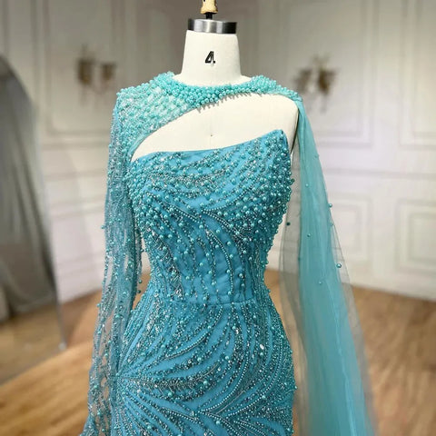 Blue Mermaid Long Cloak High Split Beaded Pearls Luxury Evening Dresses Gowns For Women Wedding Party 2025 LA72268
