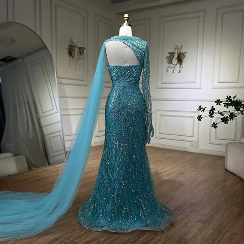 Blue Mermaid Long Cloak High Split Beaded Pearls Luxury Evening Dresses Gowns For Women Wedding Party 2025 LA72268