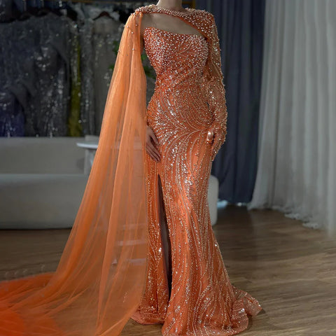 Blue Mermaid Long Cloak High Split Beaded Pearls Luxury Evening Dresses Gowns For Women Wedding Party 2025 LA72268