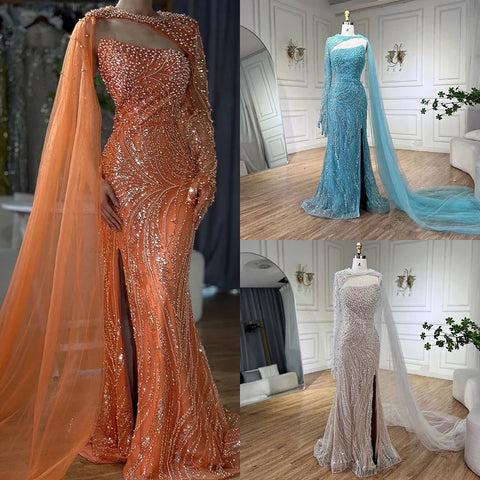 Blue Mermaid Long Cloak High Split Beaded Pearls Luxury Evening Dresses Gowns For Women Wedding Party 2025 LA72268