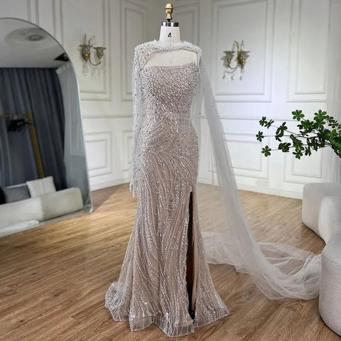 Blue Mermaid Long Cloak High Split Beaded Pearls Luxury Evening Dresses Gowns For Women Wedding Party 2025 LA72268