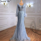 Blue Mermaid Luxury Evening Dresses Gowns Feather Beading Luxury Elegant For Women Party  Plus Size 2025 LA70968