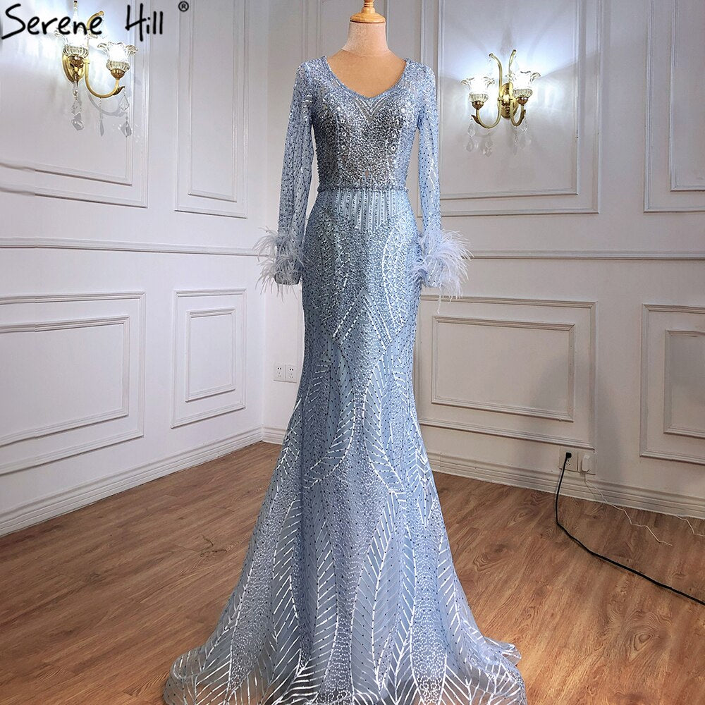 Blue Mermaid Luxury Evening Dresses Gowns Feather Beading Luxury Elegant For Women Party  Plus Size 2025 LA70968