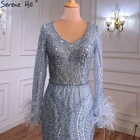 Blue Mermaid Luxury Evening Dresses Gowns Feather Beading Luxury Elegant For Women Party  Plus Size 2025 LA70968
