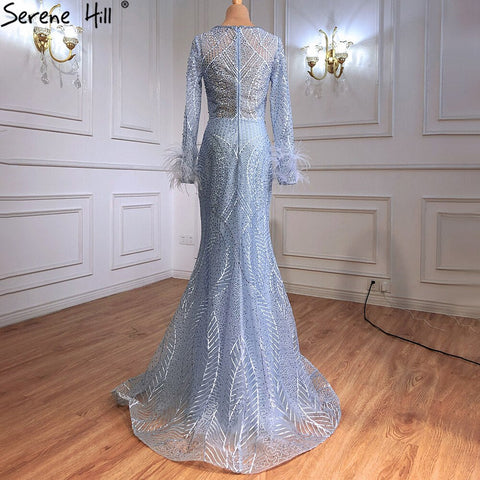Blue Mermaid Luxury Evening Dresses Gowns Feather Beading Luxury Elegant For Women Party  Plus Size 2025 LA70968