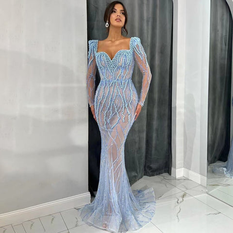 Blue Mermaid Luxury Pearls Beaded Arabic Elegant Evening Dresses Gowns For Woman Wedding Party LA71861