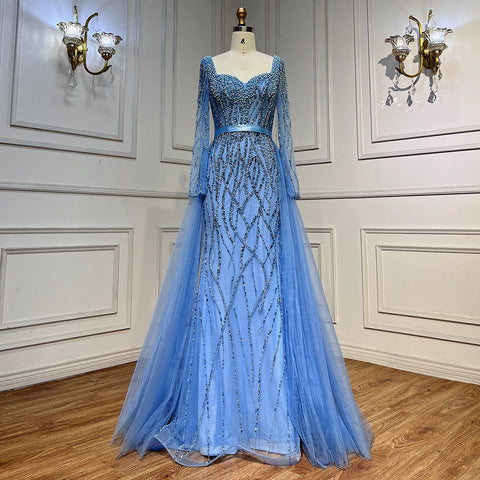 Blue Mermaid Luxury Pearls Beaded Arabic Elegant Evening Dresses Gowns For Woman Wedding Party LA71861
