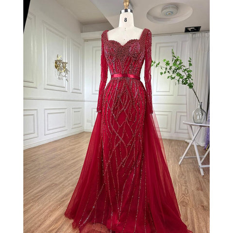 Blue Mermaid Luxury Pearls Beaded Arabic Elegant Evening Dresses Gowns For Woman Wedding Party LA71861